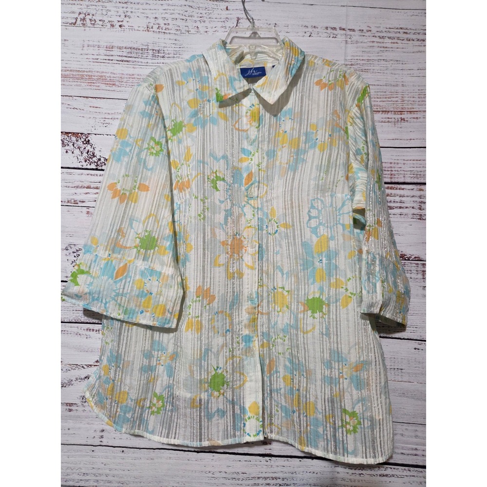 JH Collectibles Woman Floral Button Down Blouse Sheer Pastel Striped Top Size 1X